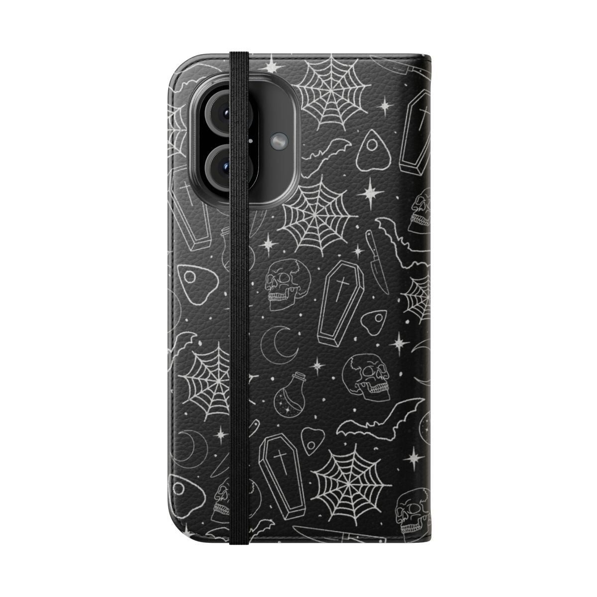 A spooky flip phone case featuring skulls, bats, and other Halloween-inspired designs. - Folded Front