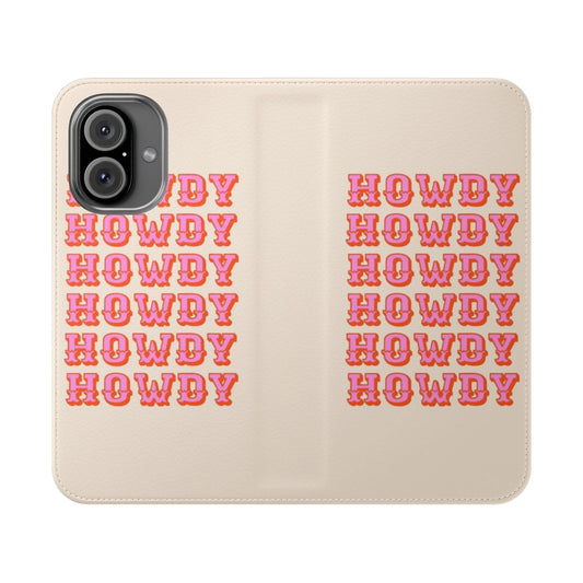 Flip cover phone case with a western-inspired, "howdy" design