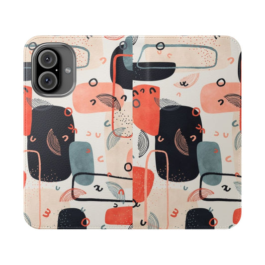 Versa Flip Cover Phone Case featuring an abstract, minimalist design with shapes, lines, and watercolor-inspired patterns in red, pink, and blue tones.