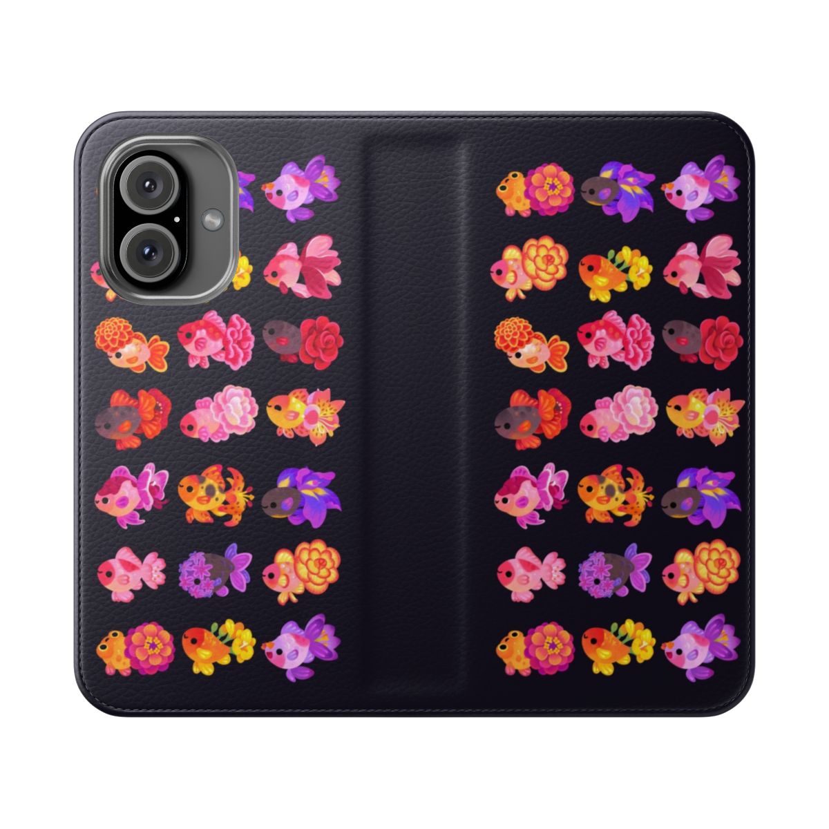 A stylish phone case featuring a vibrant floral and goldfish design.