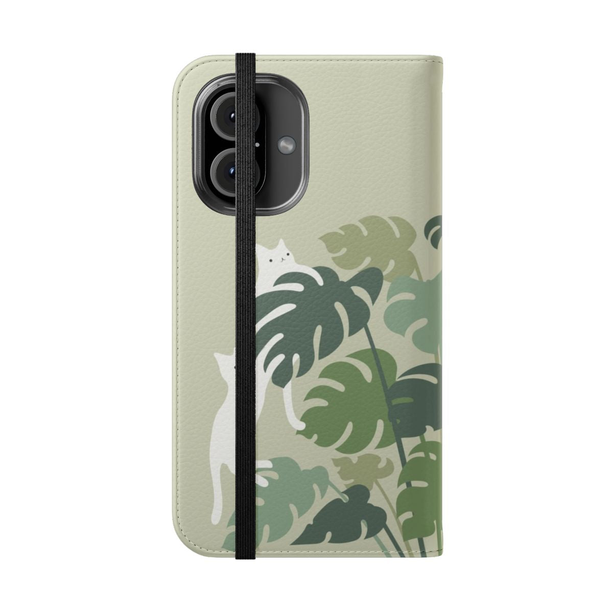 Flip cover phone case with a stylish cat and plant design - Folded Front