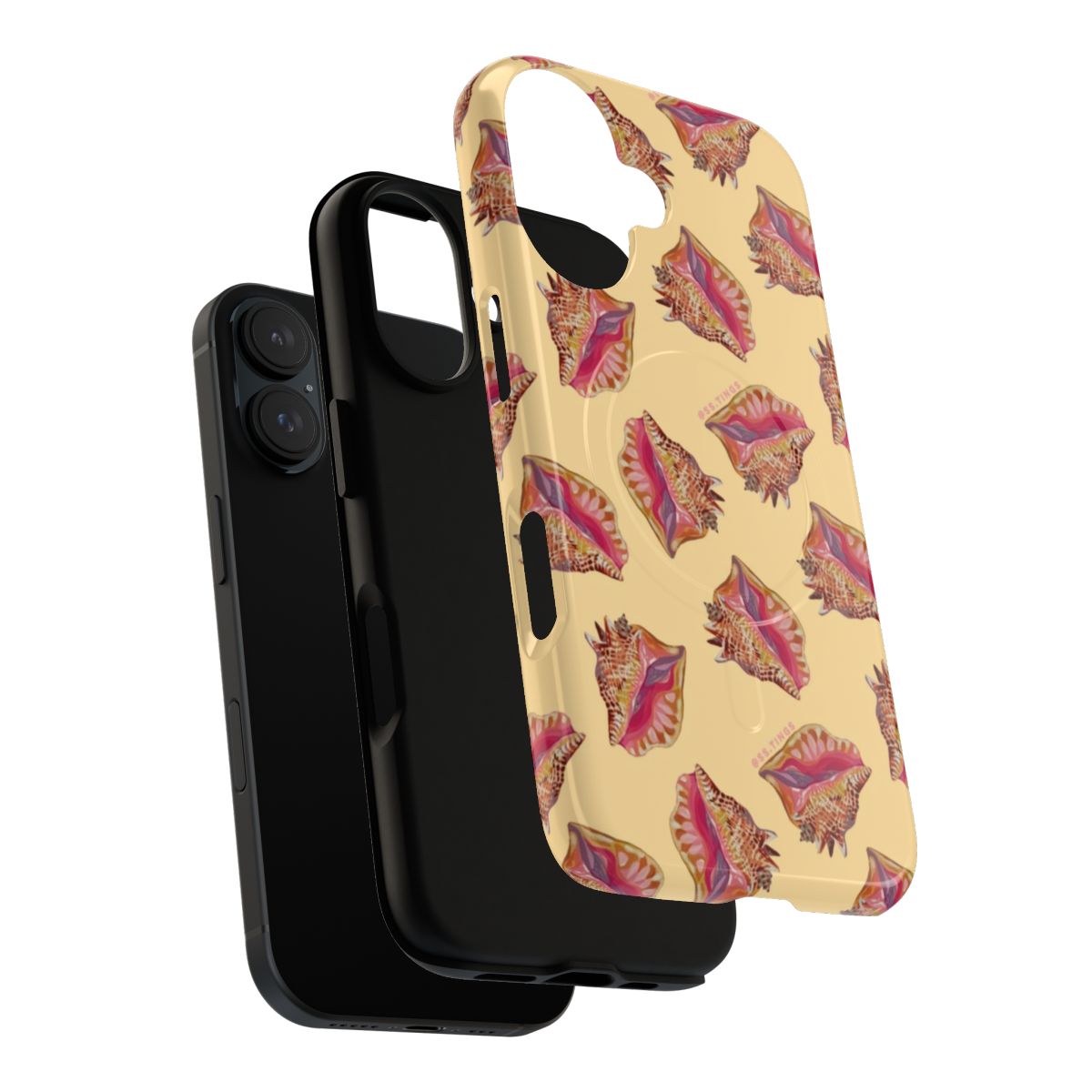 Vibrant yellow phone case featuring a detailed conch shell design, perfect for beach-inspired style. - Layers