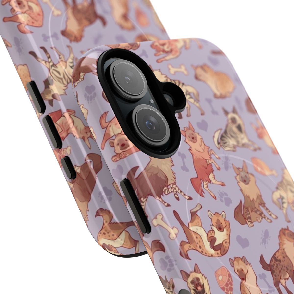 Vibrant lavender-colored phone case featuring a hyena pattern - Detail