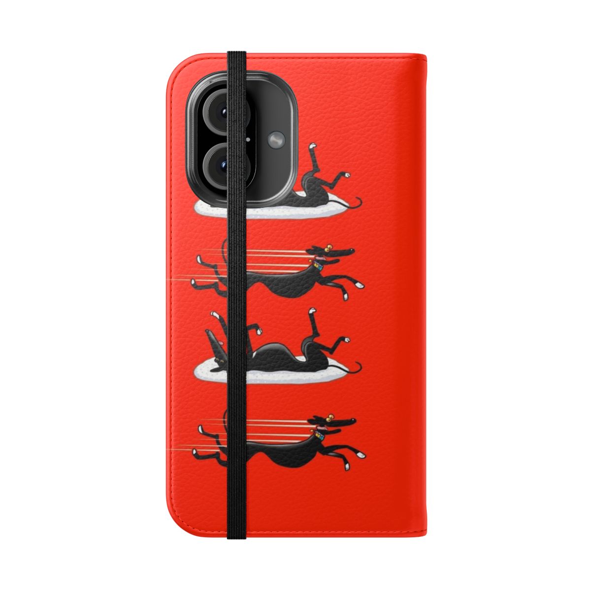 Vibrant red flip cover phone case featuring a cartoon greyhound design - Folded Front