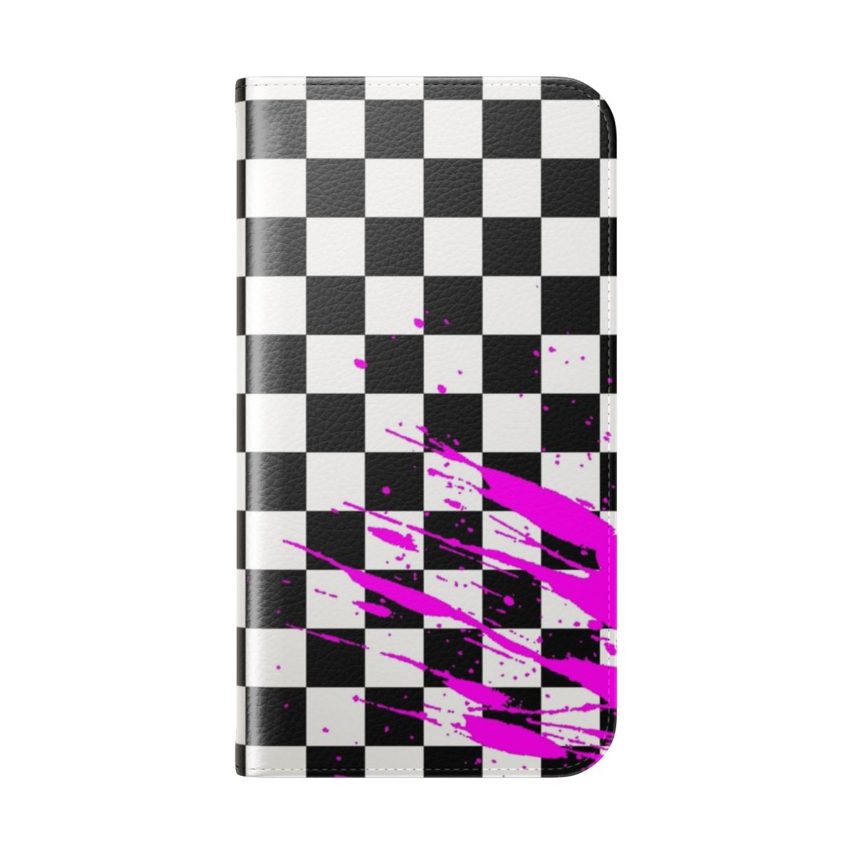 Kokichi-themed flip cover phone case with a check pattern design - Folded Back