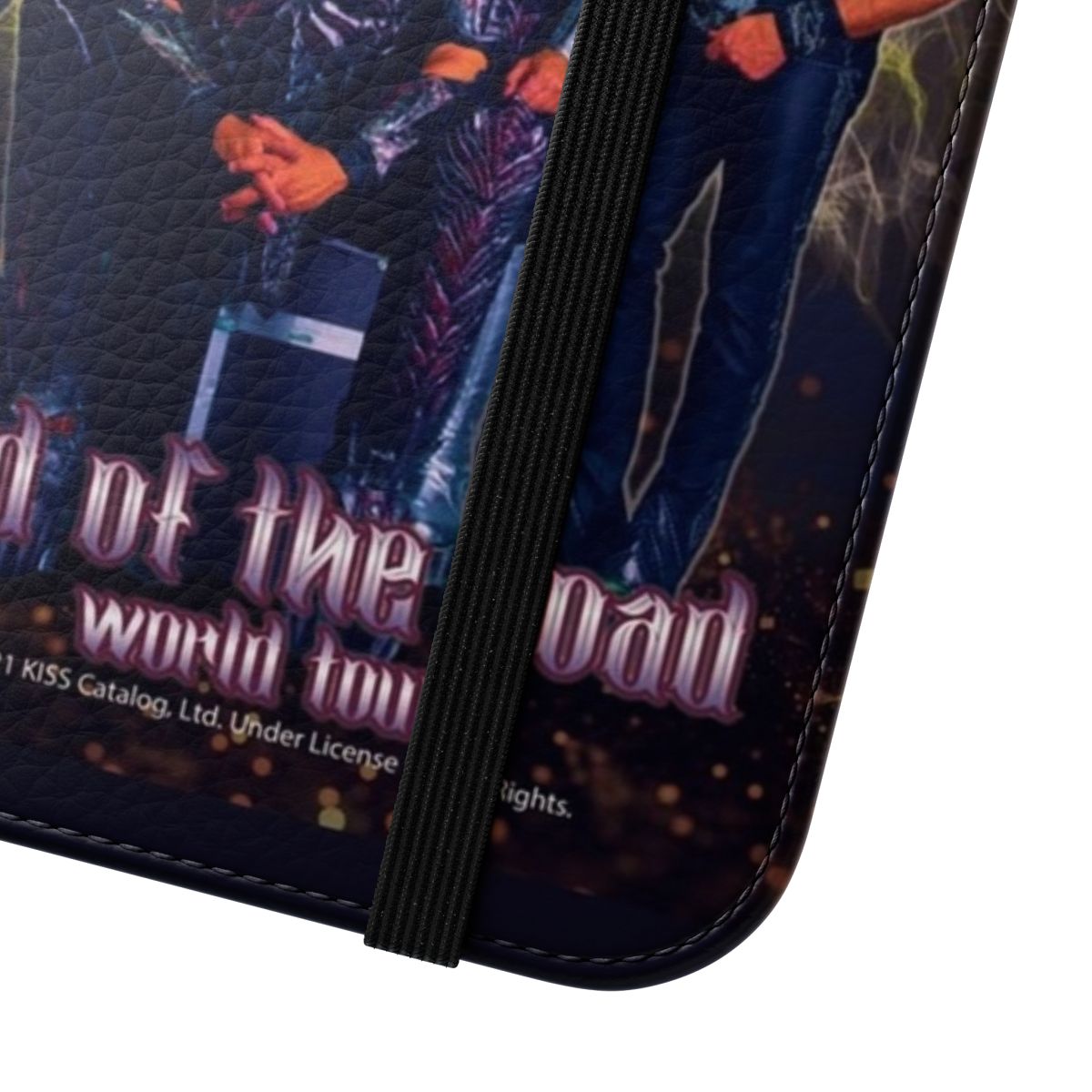 Flip phone case featuring KISS band-inspired artwork and graphics - Close Up