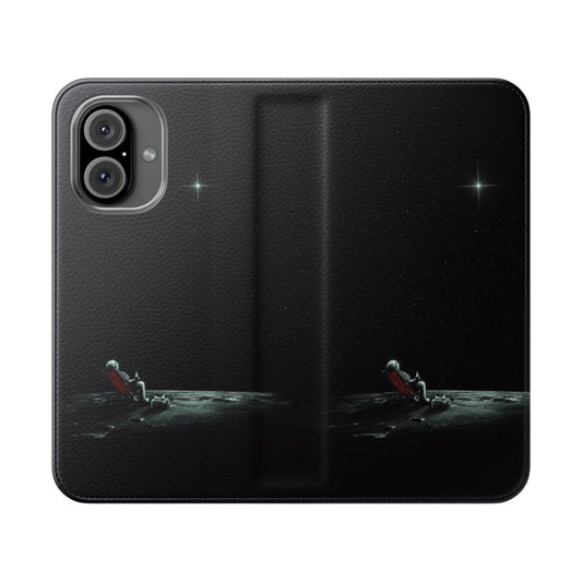 Space-themed flip cover phone case with abstract, surreal design