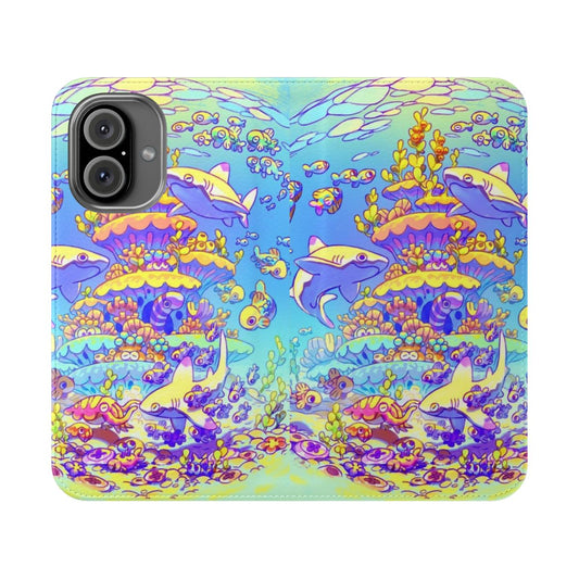 Vibrant and colorful flip cover phone case featuring a design with sharks and coral reef