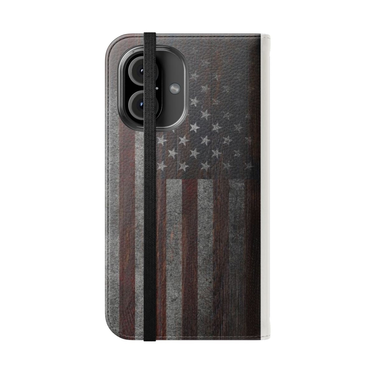 Patriotic American flag design on a weathered wood texture flip phone case - Folded Front