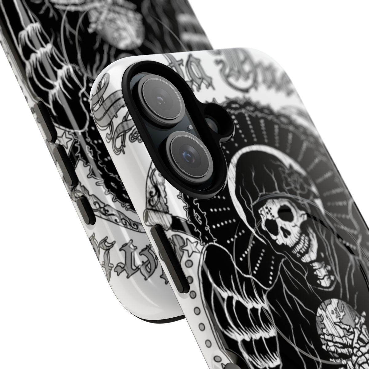 Punk-inspired phone case featuring a skull and santa muerte design - Detail