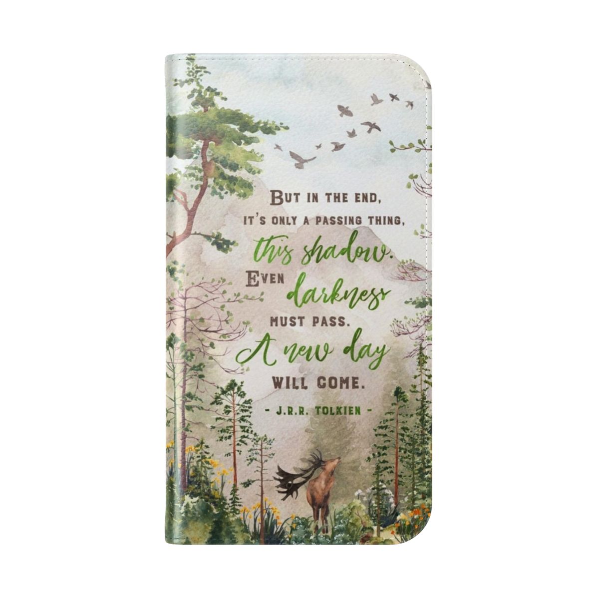 Flip cover phone case with a nature-inspired watercolor design featuring trees, leaves, and a fantasy-style ring - Folded Back