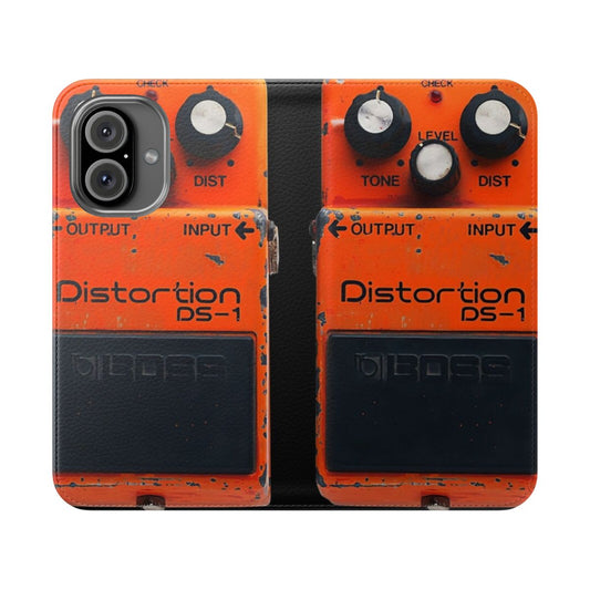 Flip cover phone case with guitar-inspired distortion pedal and pedalboard design