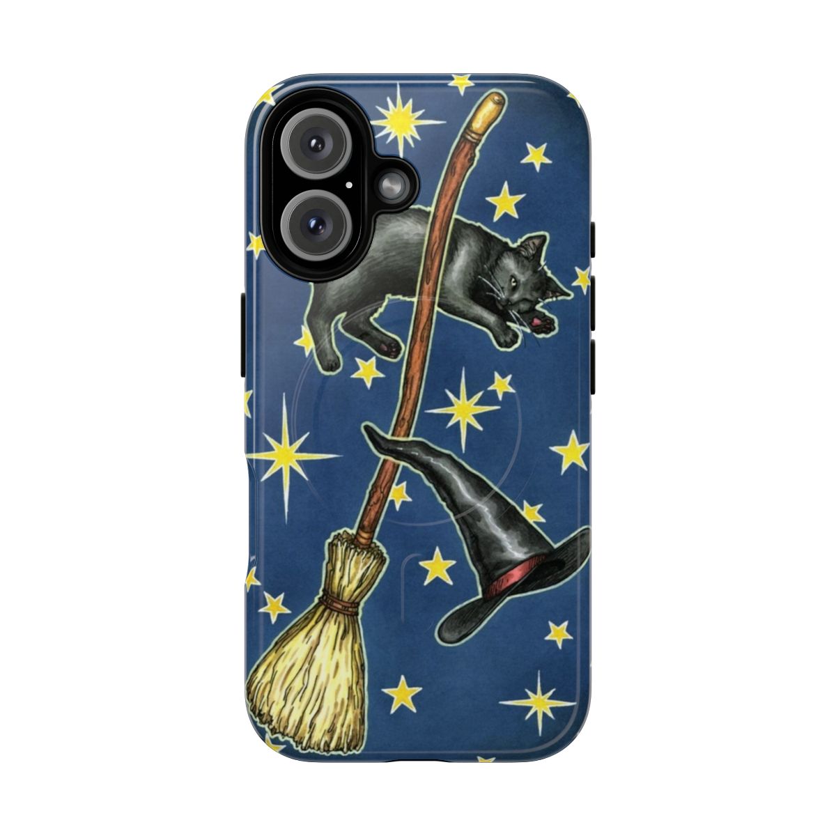 Magnetic tough phone case with a design featuring the back of a tarot card from a witch-themed tarot deck.