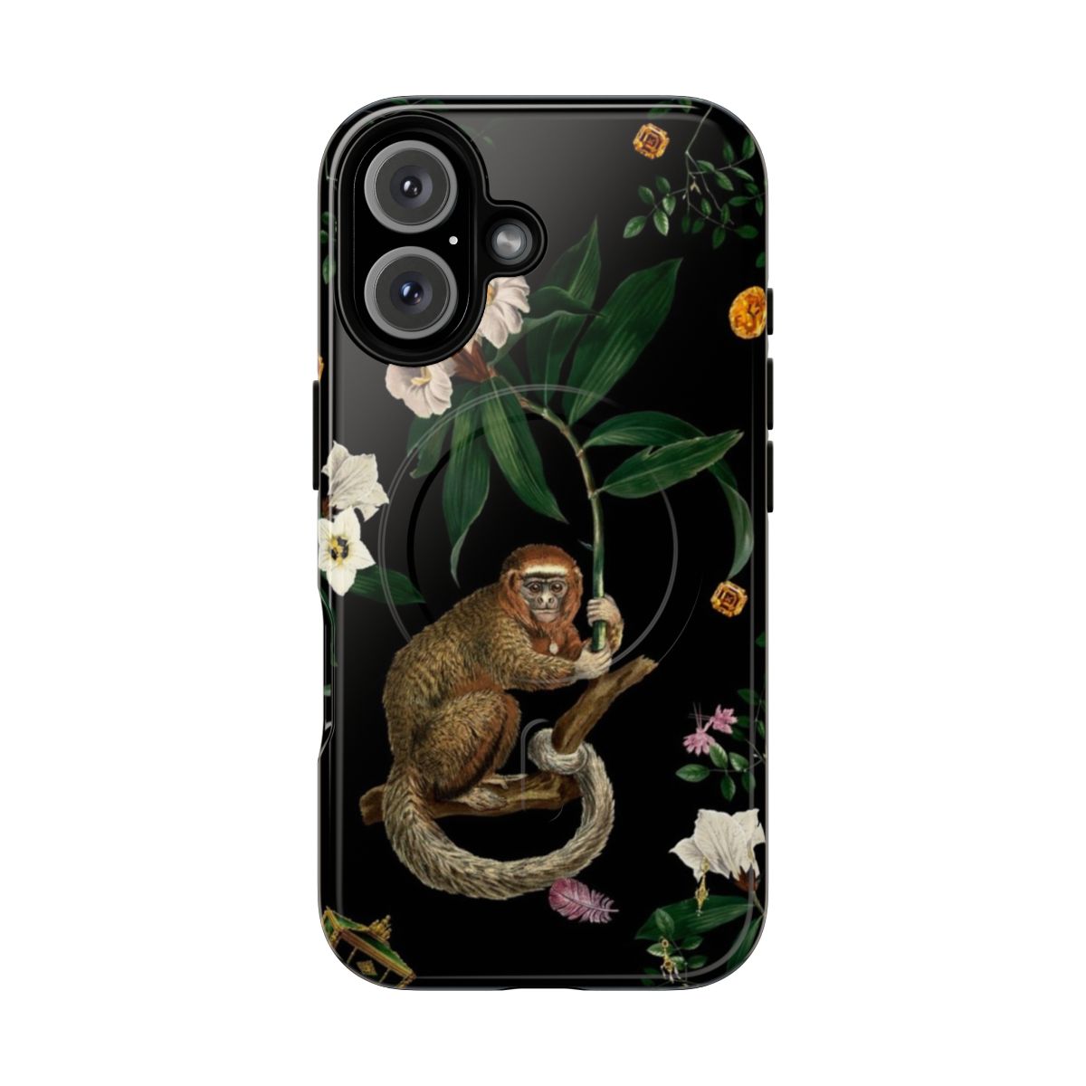 A stylish magnetic phone case featuring a beautiful monkey and floral design, perfect for nature enthusiasts.