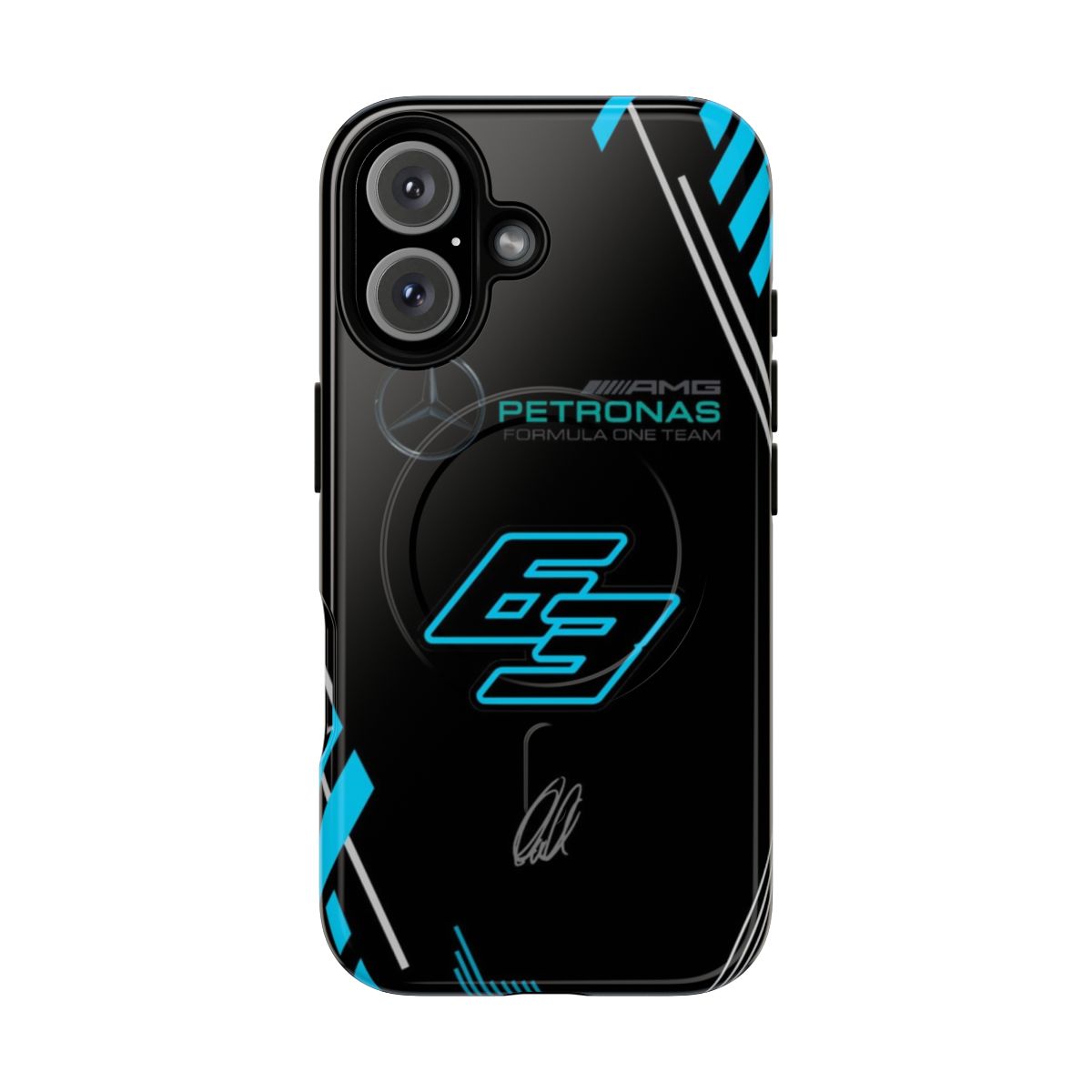 Black phone case with magnetic attachment featuring the Mercedes AMG Petronas Formula 1 team logo