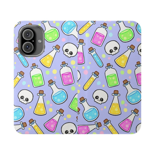 A whimsical flip phone case featuring a pastel-colored potion and skull design, perfect for Halloween and autumn seasons.