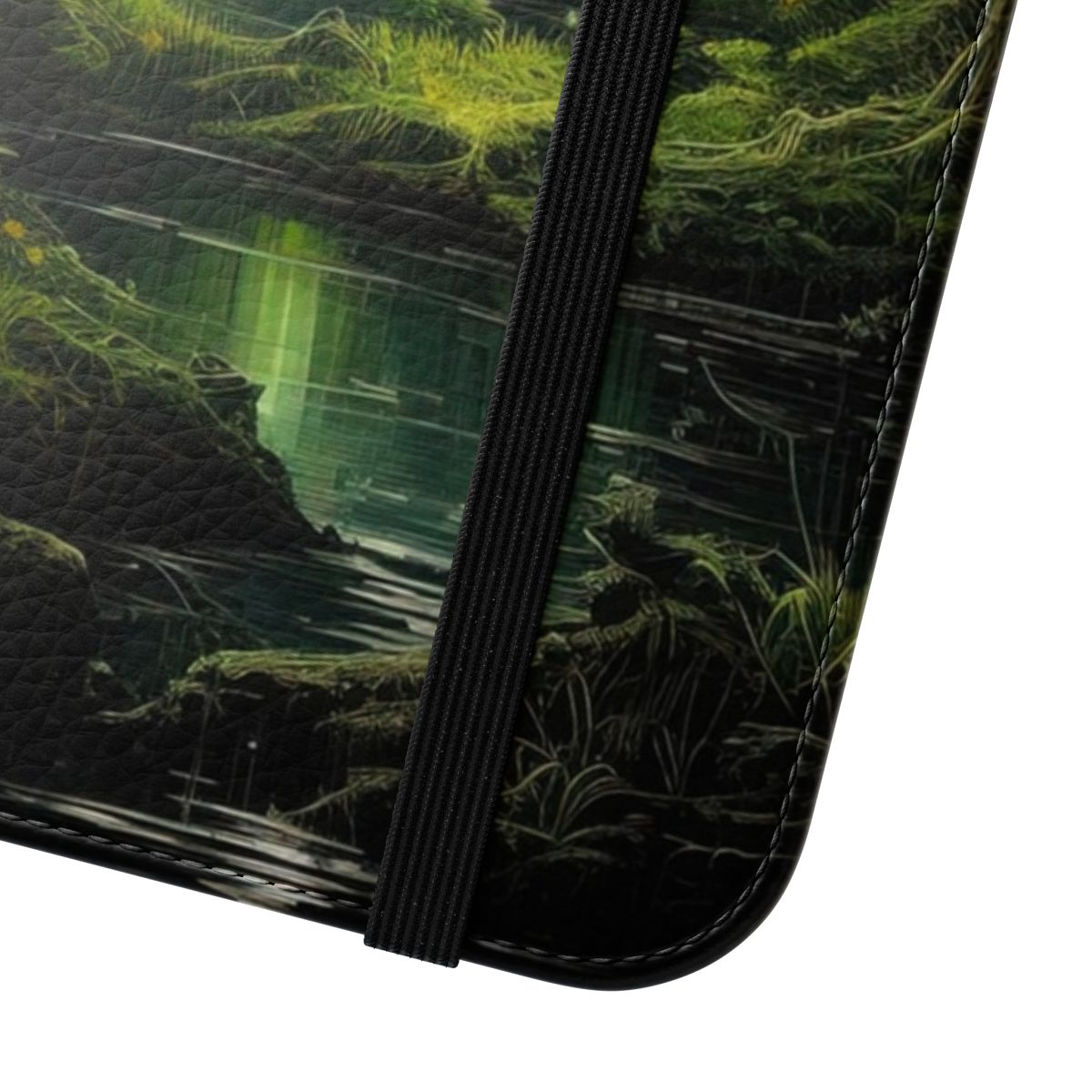 Fairy forest landscape with dark trees and glowing lights, ideal for a phone case design. - Close Up