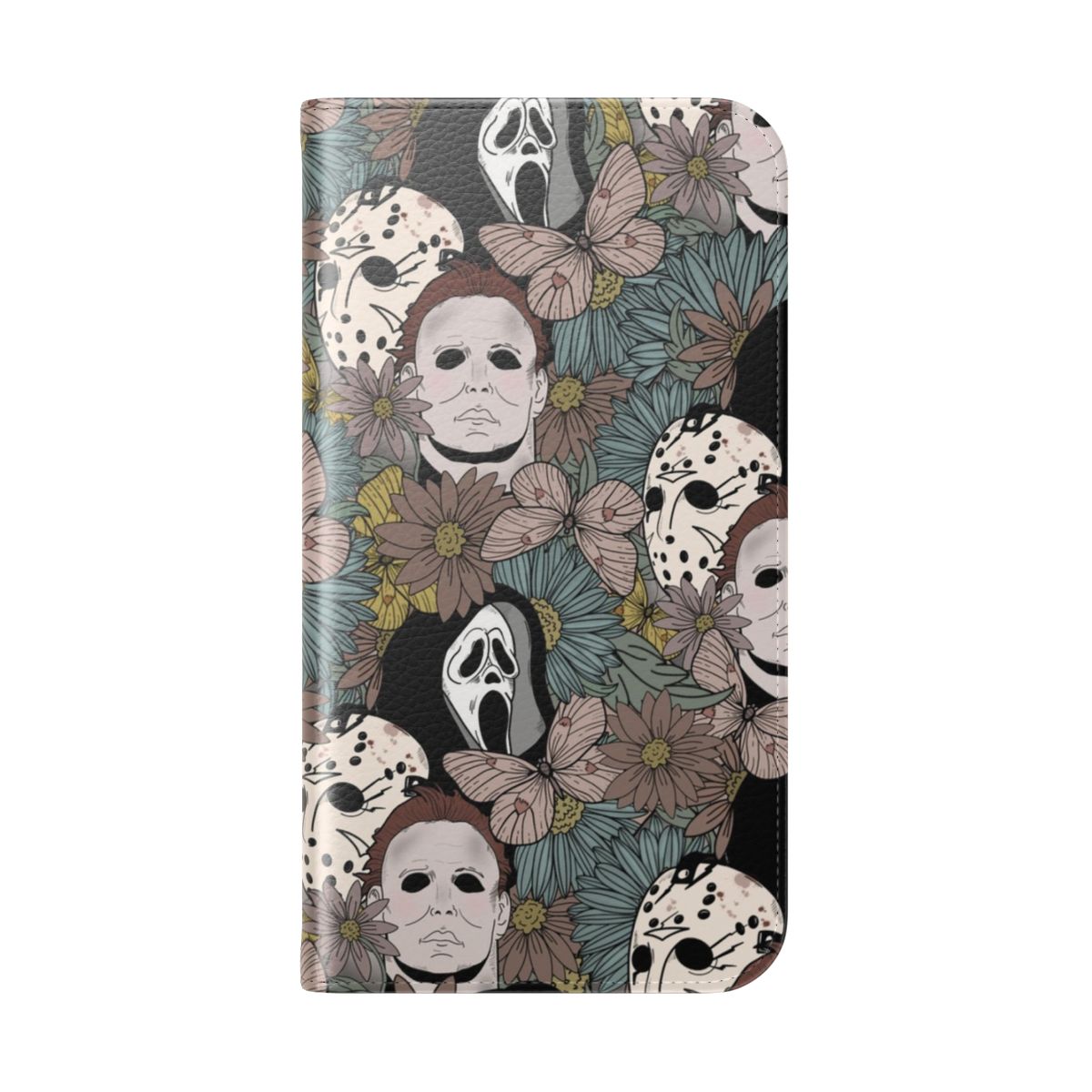 Horror-inspired floral design phone case with flip cover - Folded Back