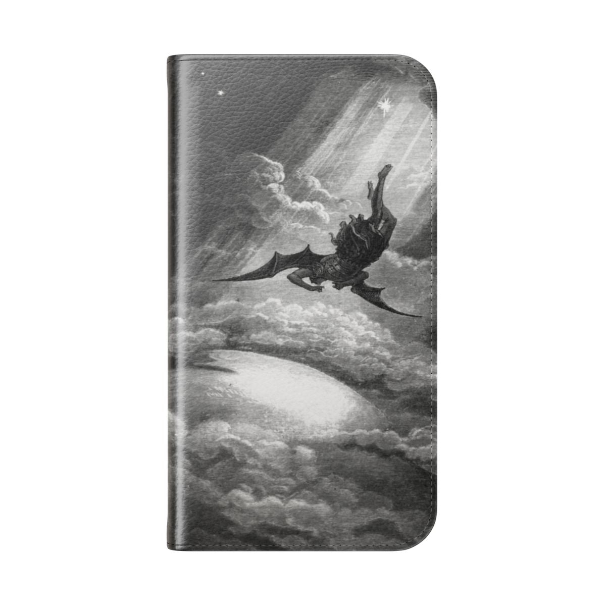 A black and white flip cover phone case featuring the artwork of Gustave Dore depicting the fallen angel Lucifer from John Milton's "Paradise Lost". - Folded Back