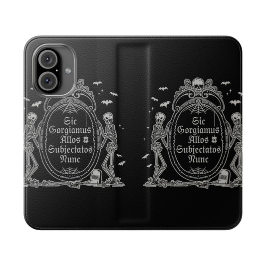 Addams-inspired flip phone case with gothic skeleton, skull, and bat design