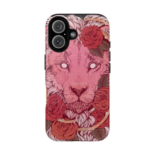 Pink lion phone case with crystal gems and roses