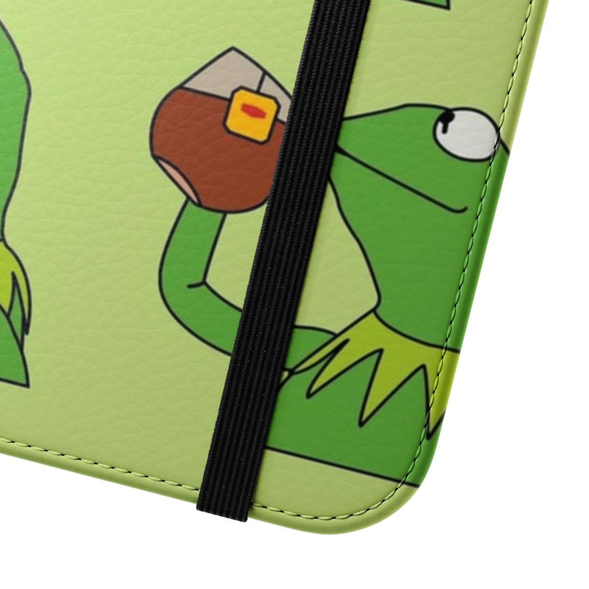 Flip phone case featuring Kermit the Frog sipping and spilling tea, a popular internet meme. - Close Up