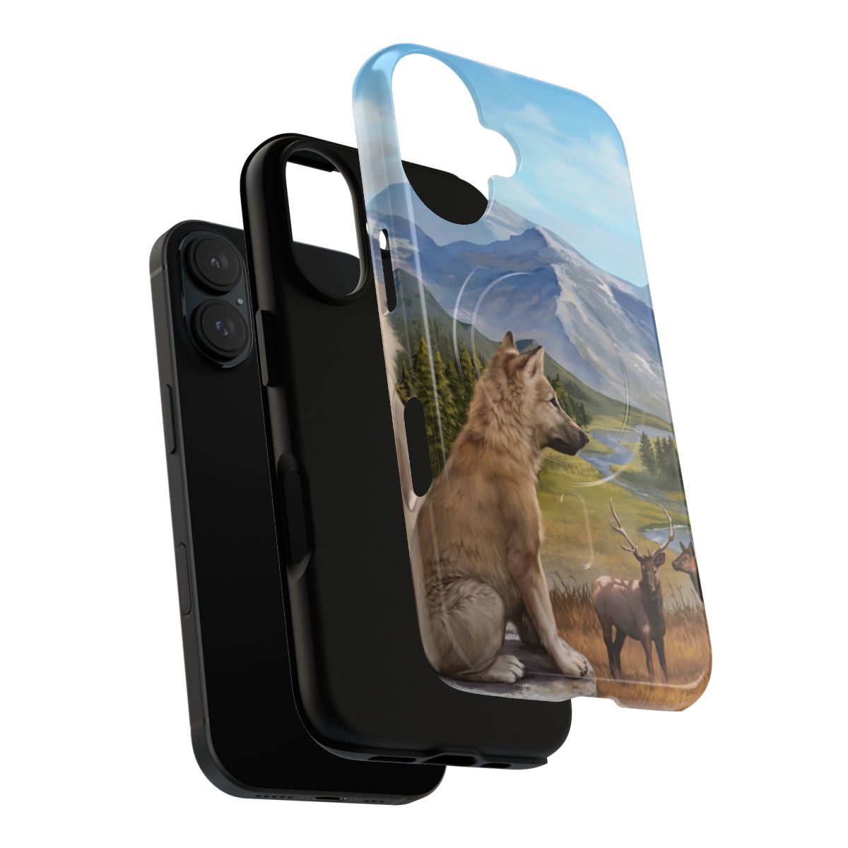 A durable phone case with a wildlife-inspired design, featuring mountains, trees, and animals. - Layers