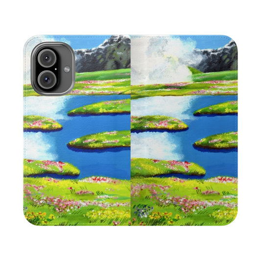 Artistic flip phone case featuring a fantasy landscape with flowers and anime-inspired elements