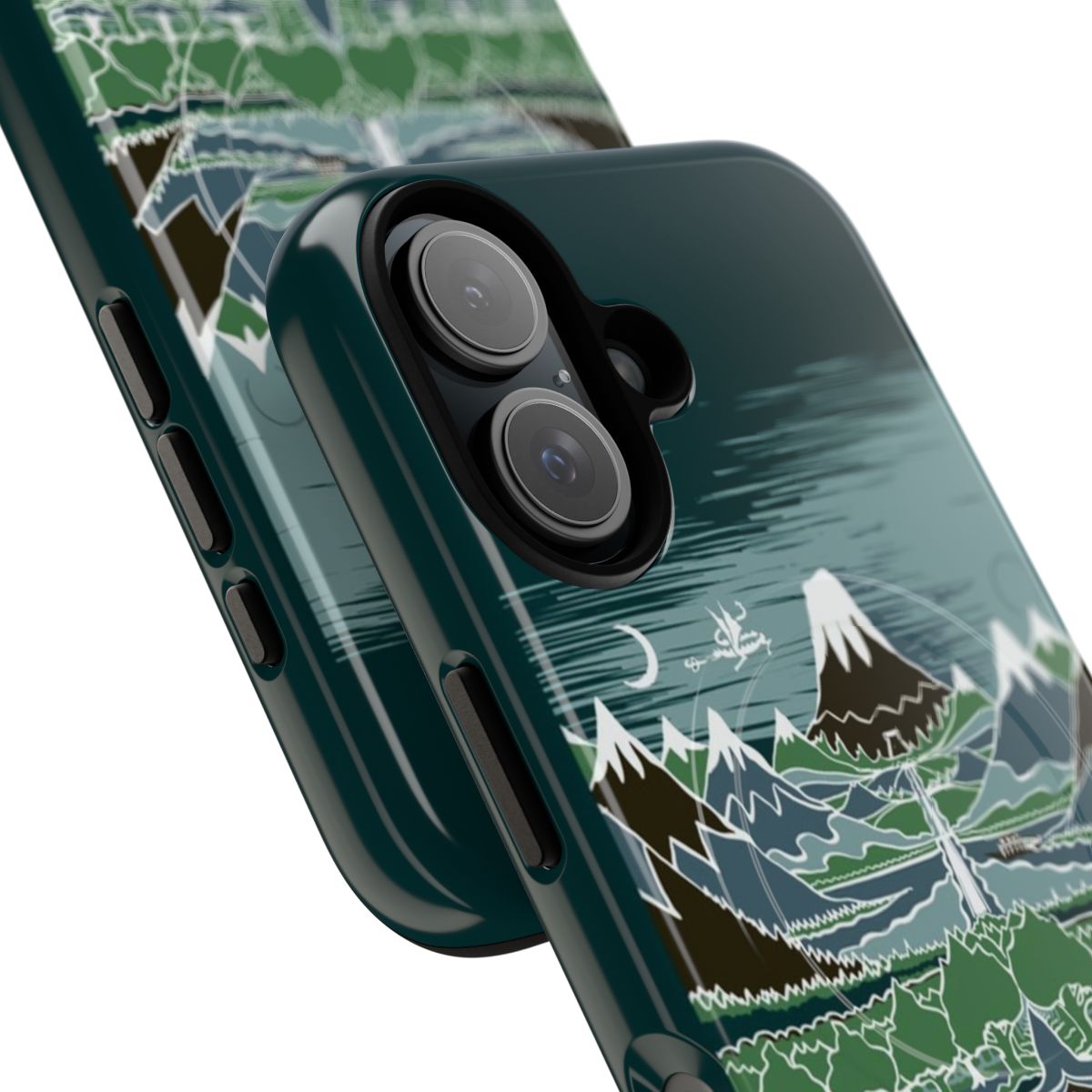 Magnetic tough phone case featuring a fantasy landscape with a path through an elven wood - Detail