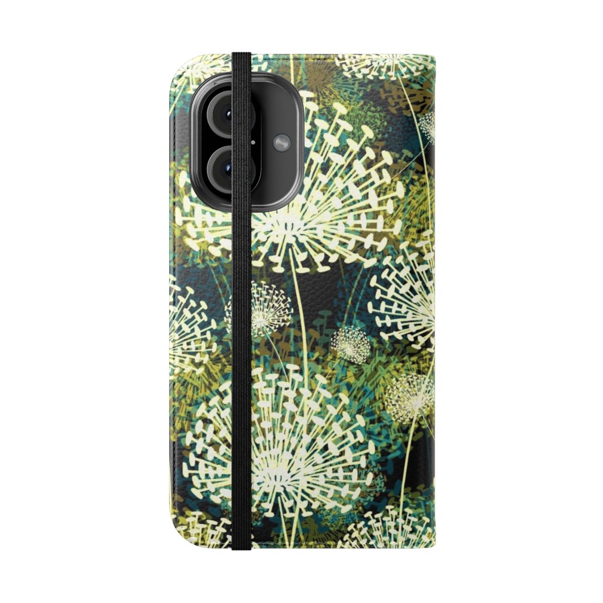 Closeup of a phone case cover featuring a vintage-style dandelion floral pattern in shades of blue, green, and white. - Folded Front