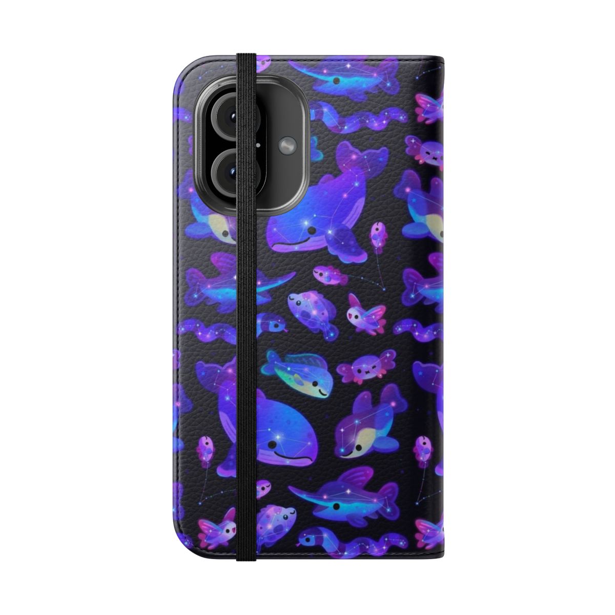 Flip cover phone case featuring a design with ocean constellations, marine life, and a starry night sky. - Folded Front