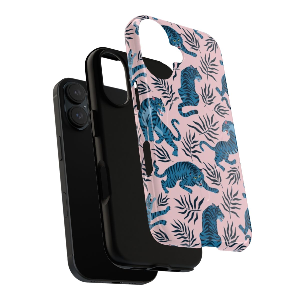 A cell phone case with a vibrant pattern of tropical leaves and asian tigers. - Layers