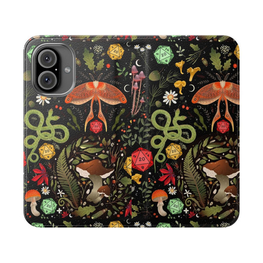 Cottagecore phone case with DND-inspired patterns including dice, mushrooms, moths, snakes, butterflies, and flowers.