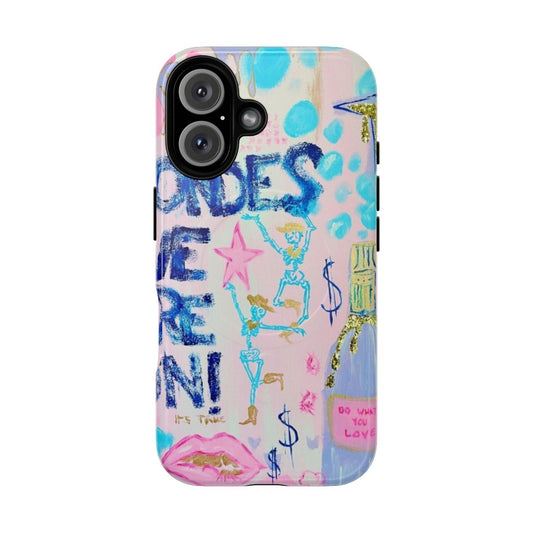 Stylish preppy blonde magnetic tough phone cases in pink, blue, and gold