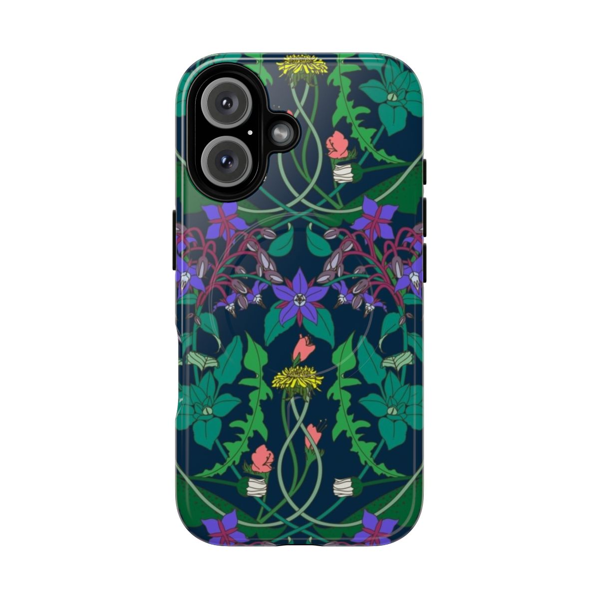 Vibrant floral phone case design featuring a pattern of dandelions, daisies, and other wildflowers.