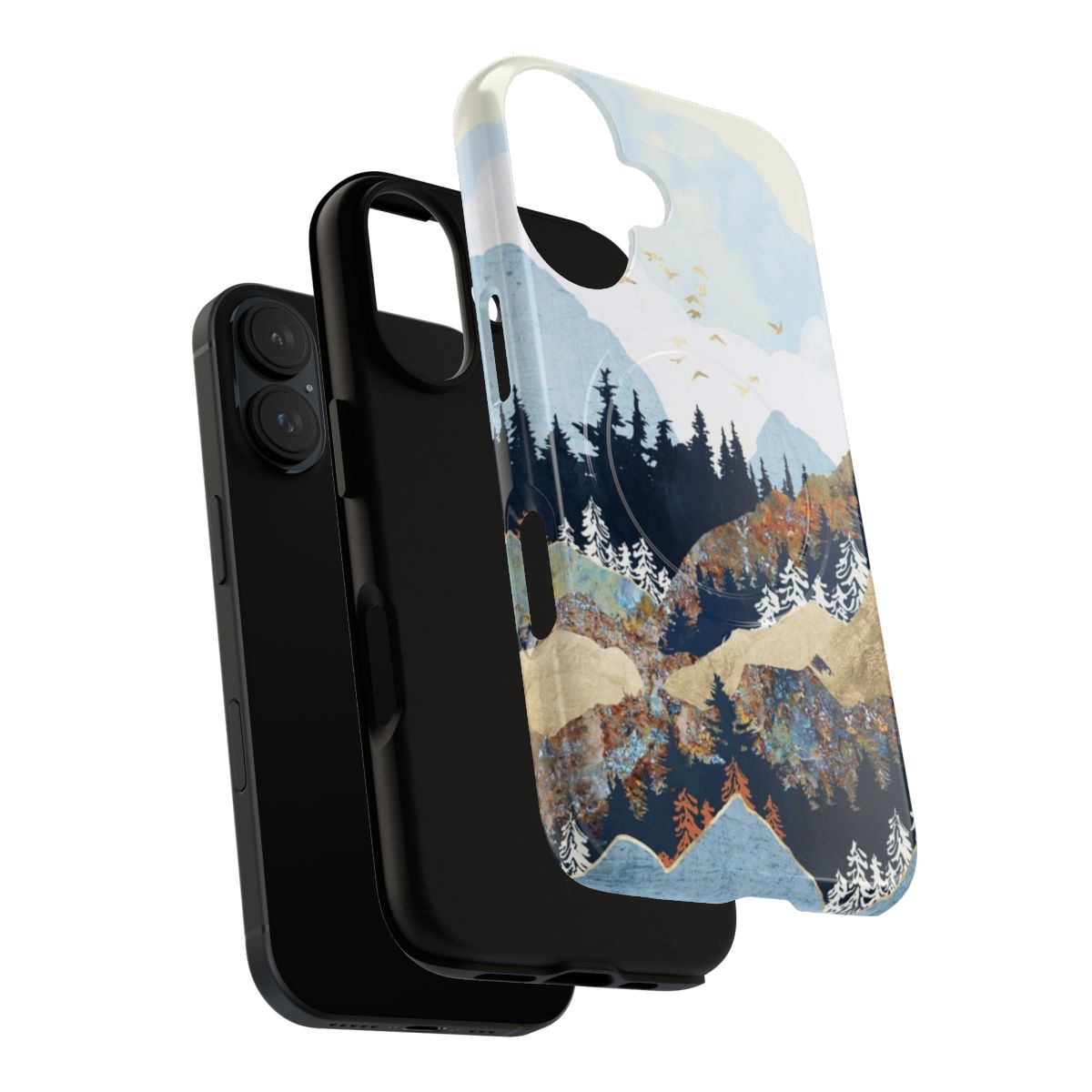 A colorful spring flight phone case with birds, mountains, and forest imagery - Layers