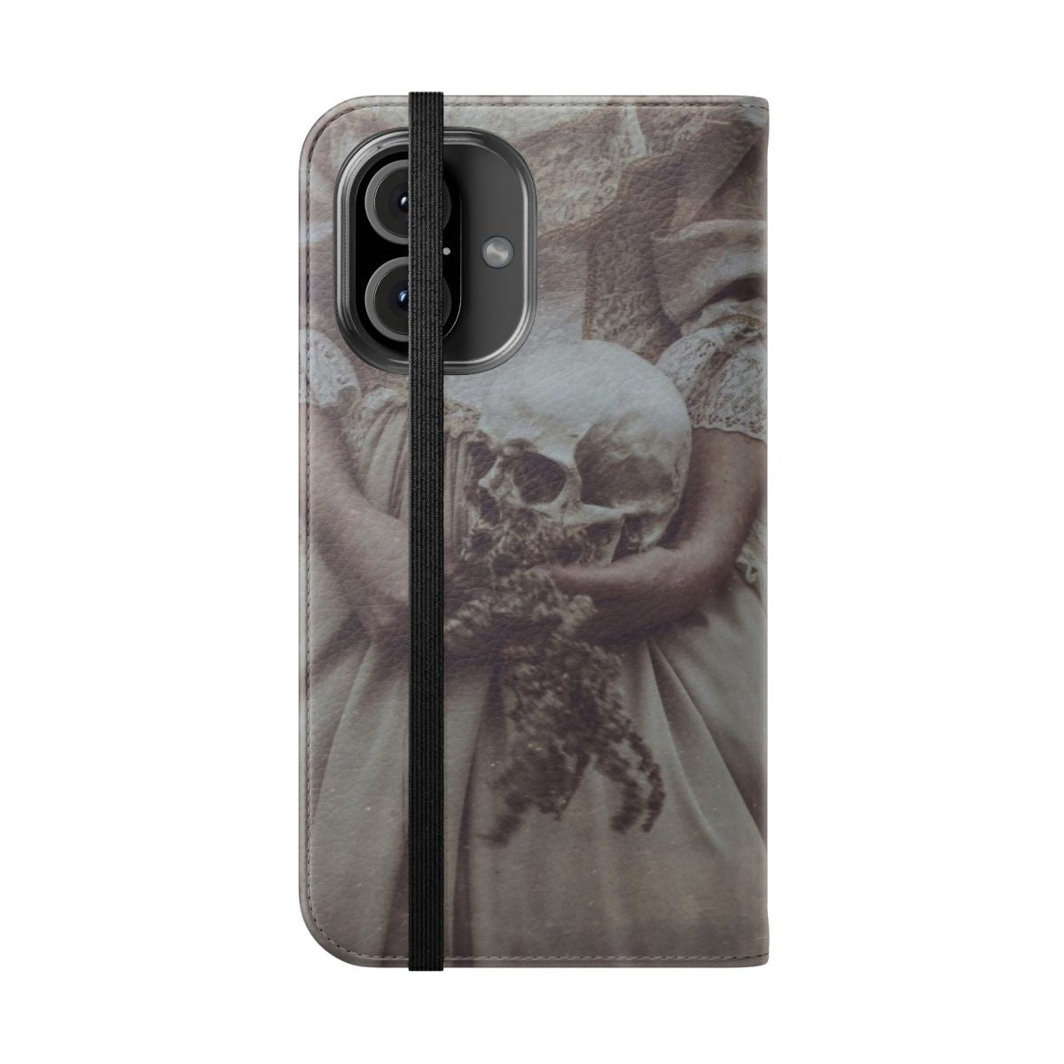 Nature-inspired flip phone case with a dark, minimalist aesthetic featuring floral and skull designs - Folded Front