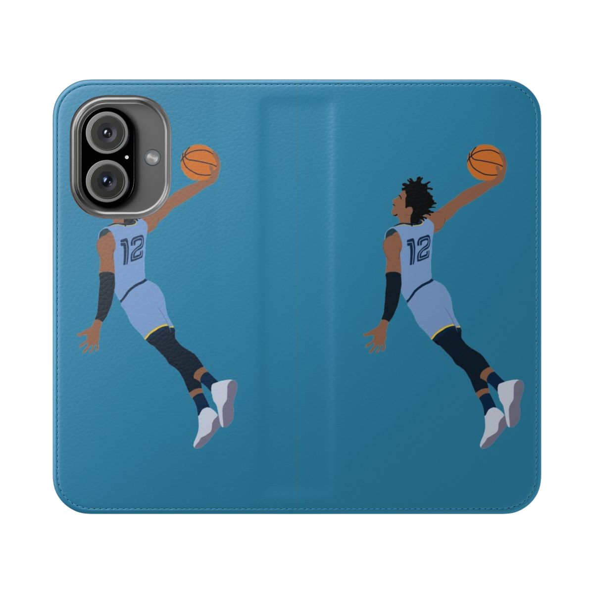 Image of a flip cover phone case with a basketball player dunk design, featuring Ja Morant's name.