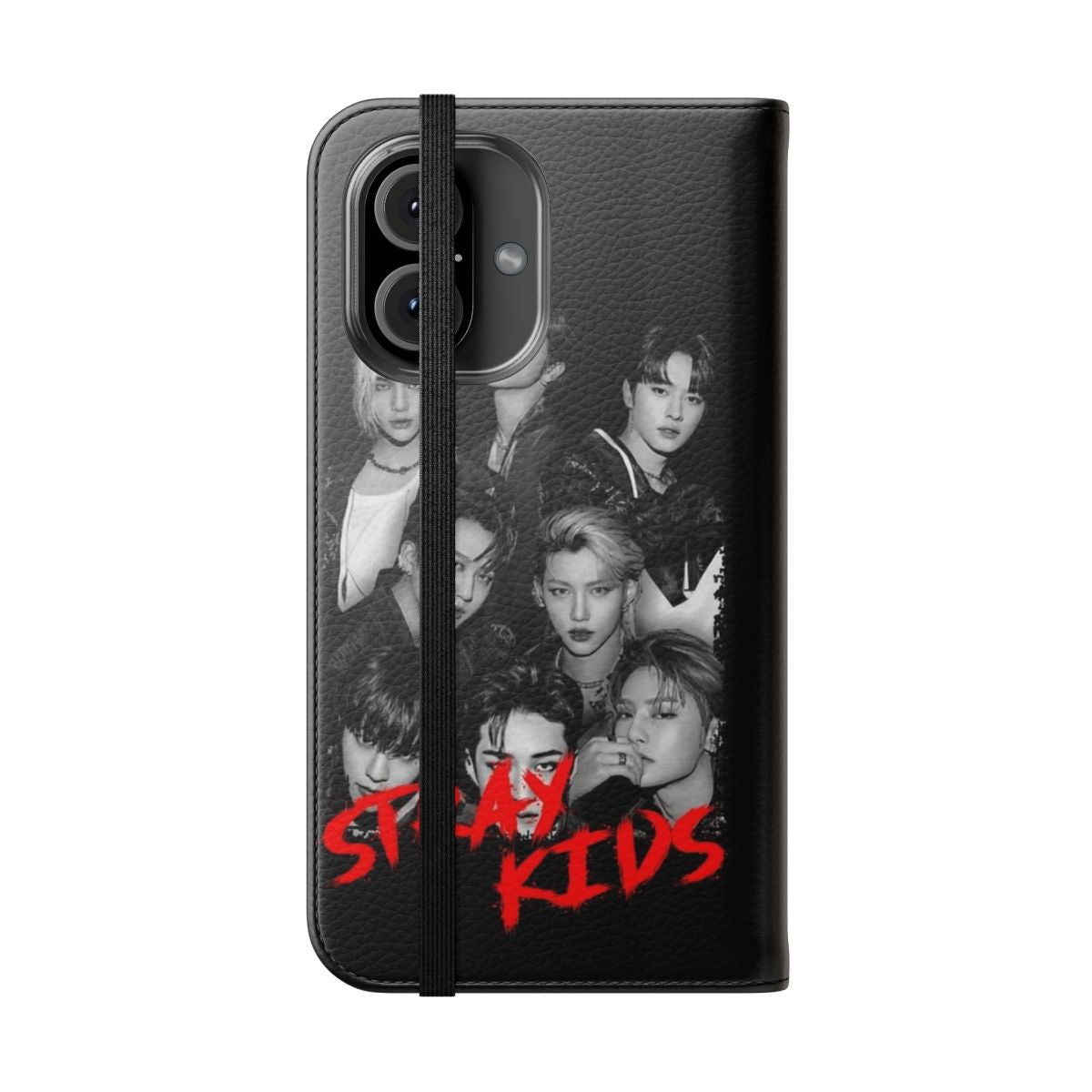 Stray Kids inspired phone case with a sleek black and white design and RGB color accents - Folded Front