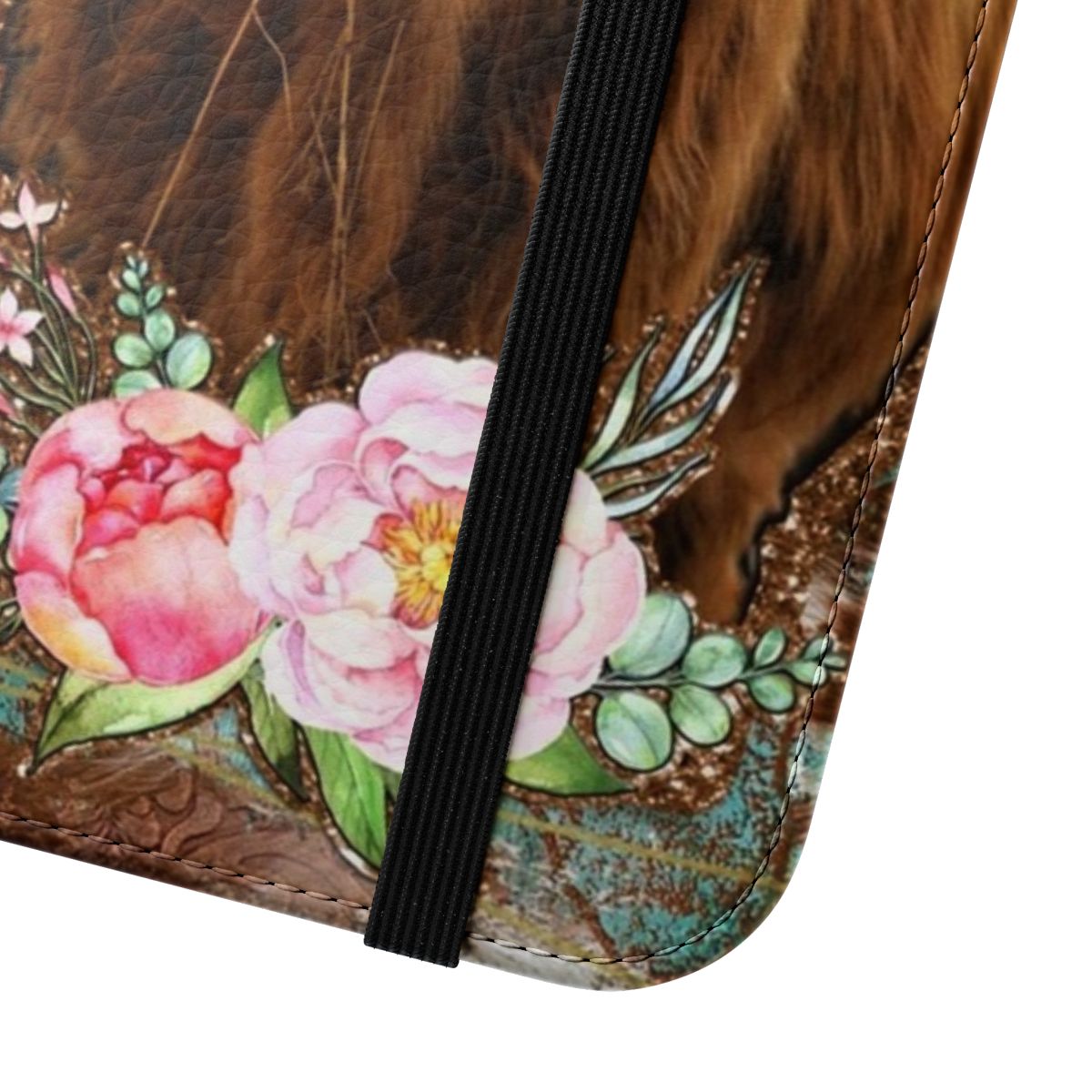 Turquoise and cowhide flip cover phone case featuring a highland cow and roses design - Close Up