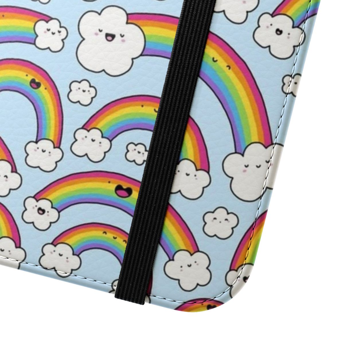 Colorful rainbow-themed phone case cover with doodle clouds and kawaii design - Close Up