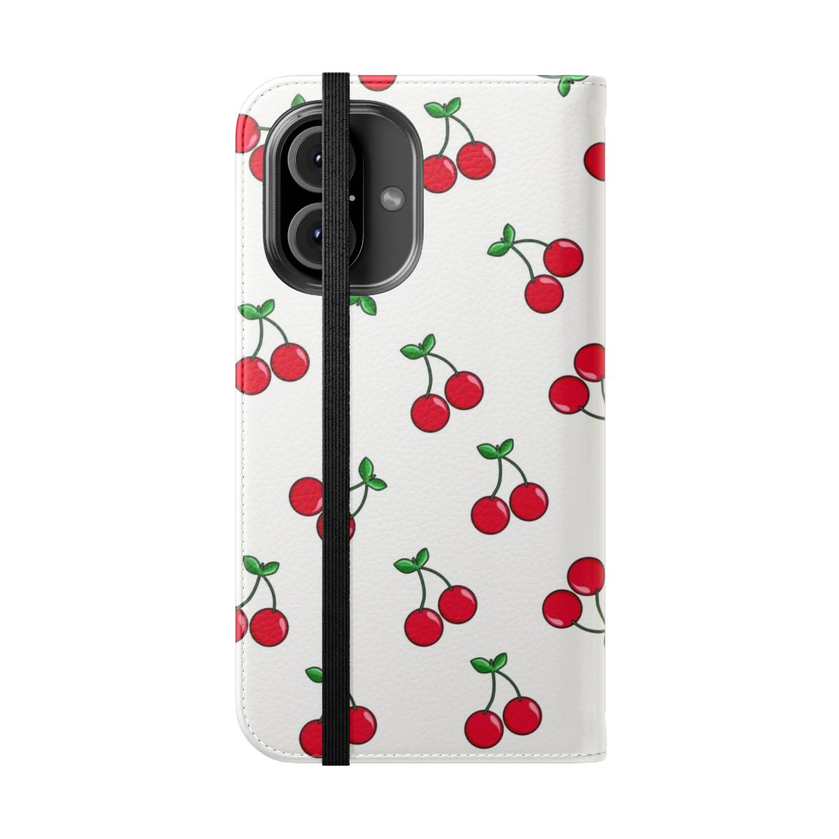 Closeup of a vibrant cherry-patterned phone case with cute emoji icons - Folded Front