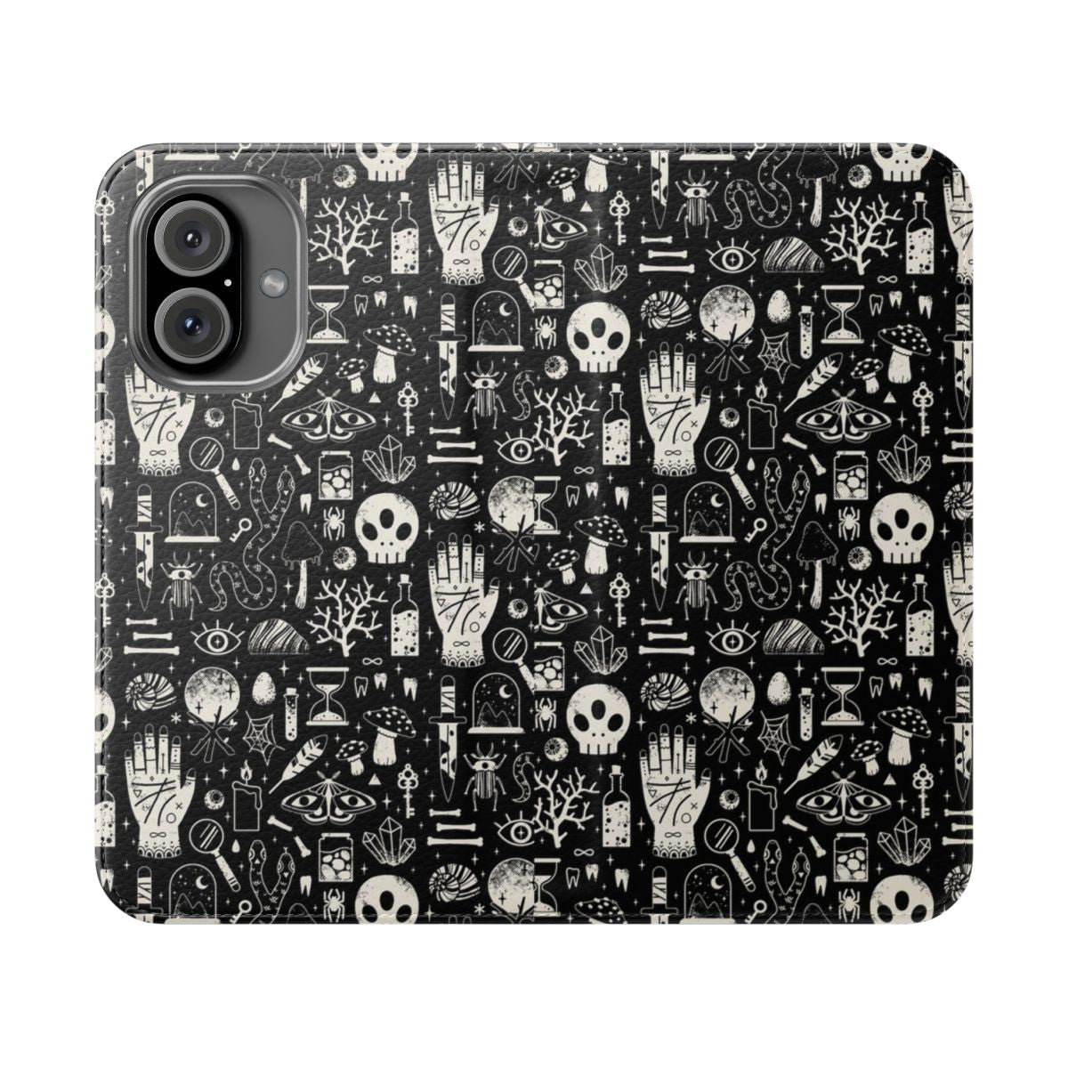 Bone Black Flip Cover Phone Case with Spooky Curiosities Motif