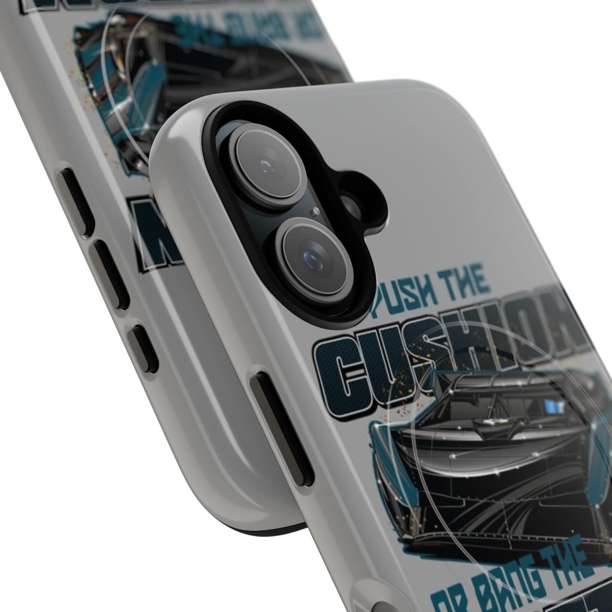 Image of a durable, magnetic phone case with a racing-inspired design. - Detail