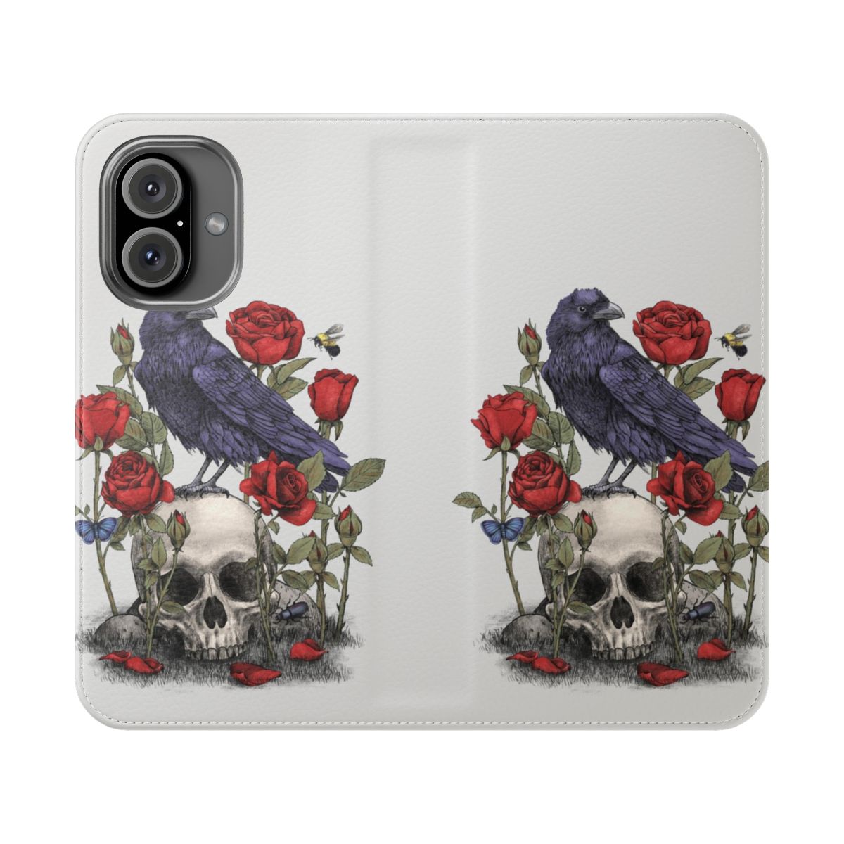 A dark, gothic-style phone case featuring a raven, skull, and floral design.