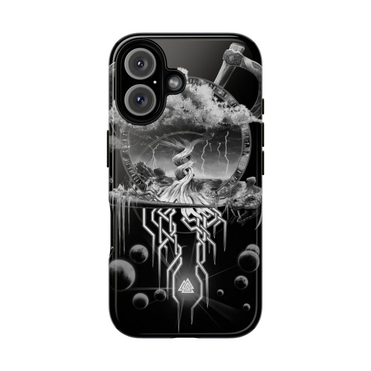 Viking-inspired phone case with runes and Norse mythology imagery