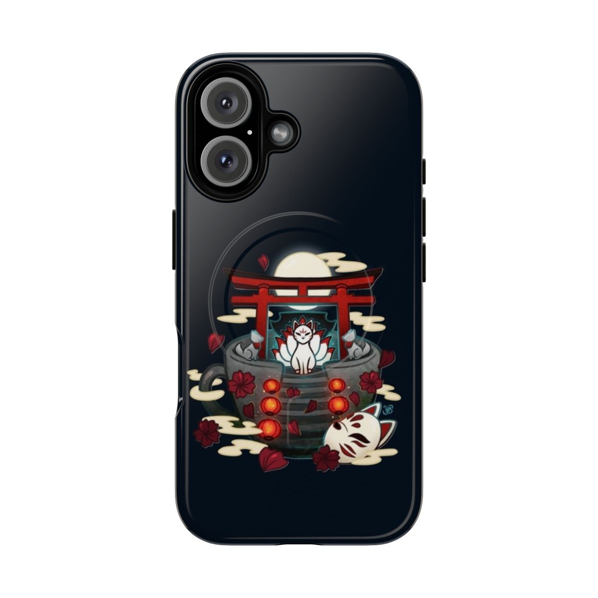 Moonlit Kitsune Shrine Teacup Magnetic Tough Phone Case with a whimsical, aesthetic design for tea lovers