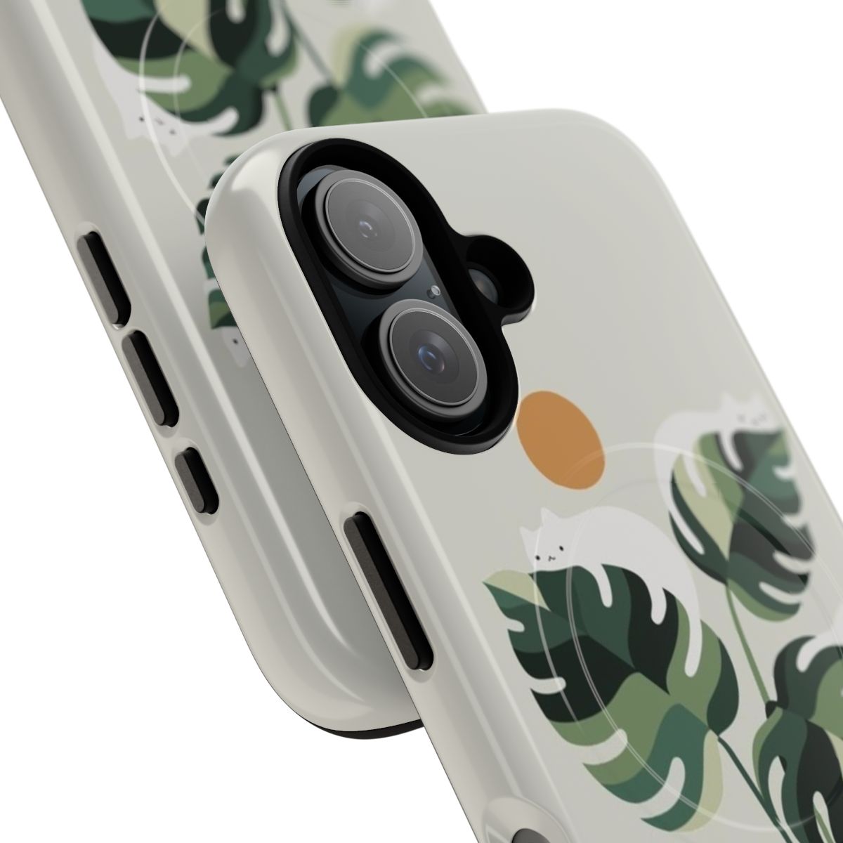 A phone case featuring a minimalist illustration of a cat and a monstera plant - Detail