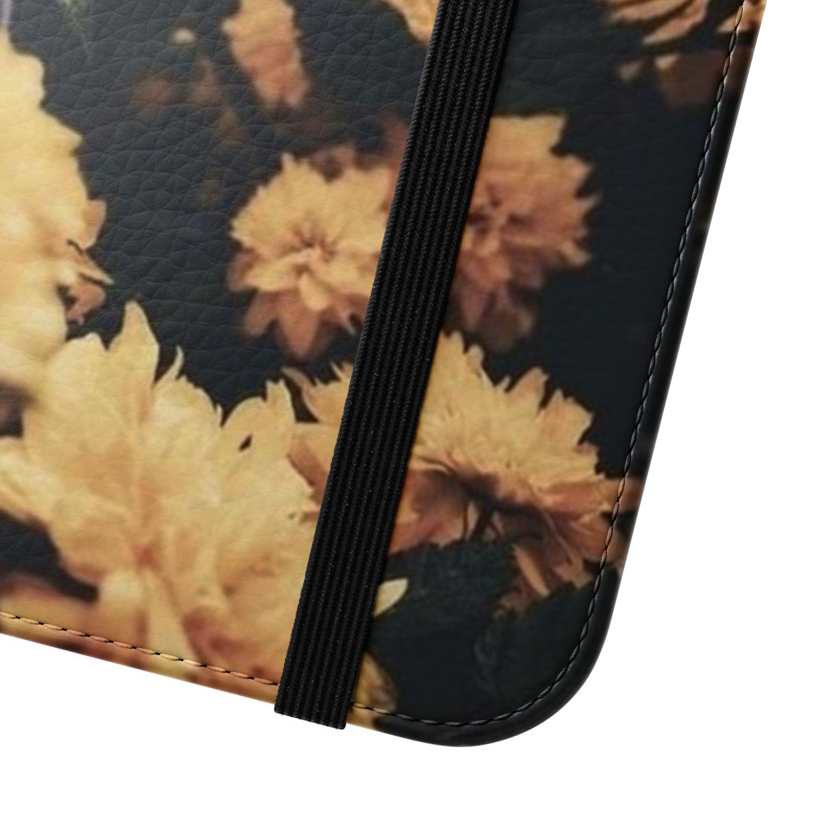 A dark and moody floral themed flip phone case with a Japanese-inspired landscape design. - Close Up