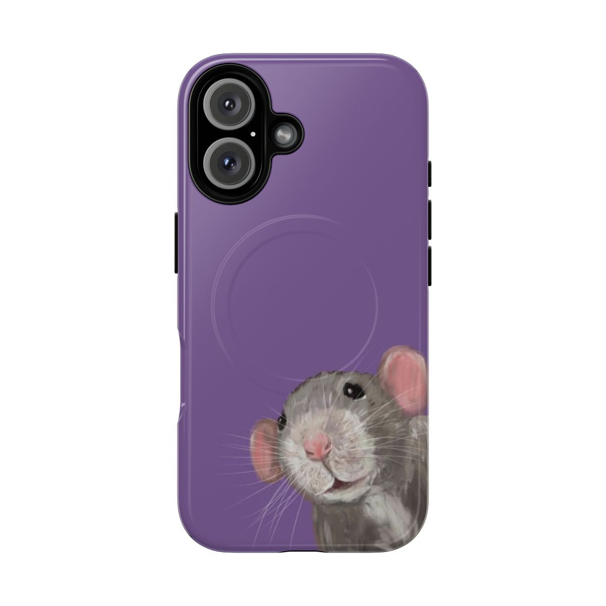 Closeup photo of a purple rat peeking out from a magnetic phone case